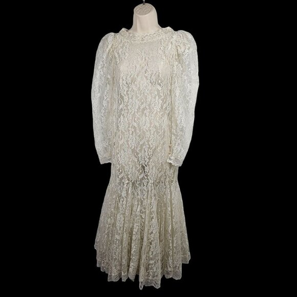 Handmade Dresses & Skirts - 80s Handmade Victorian Lace Wedding Dress Sheer Overlay Mermaid Maxi Womens S-M